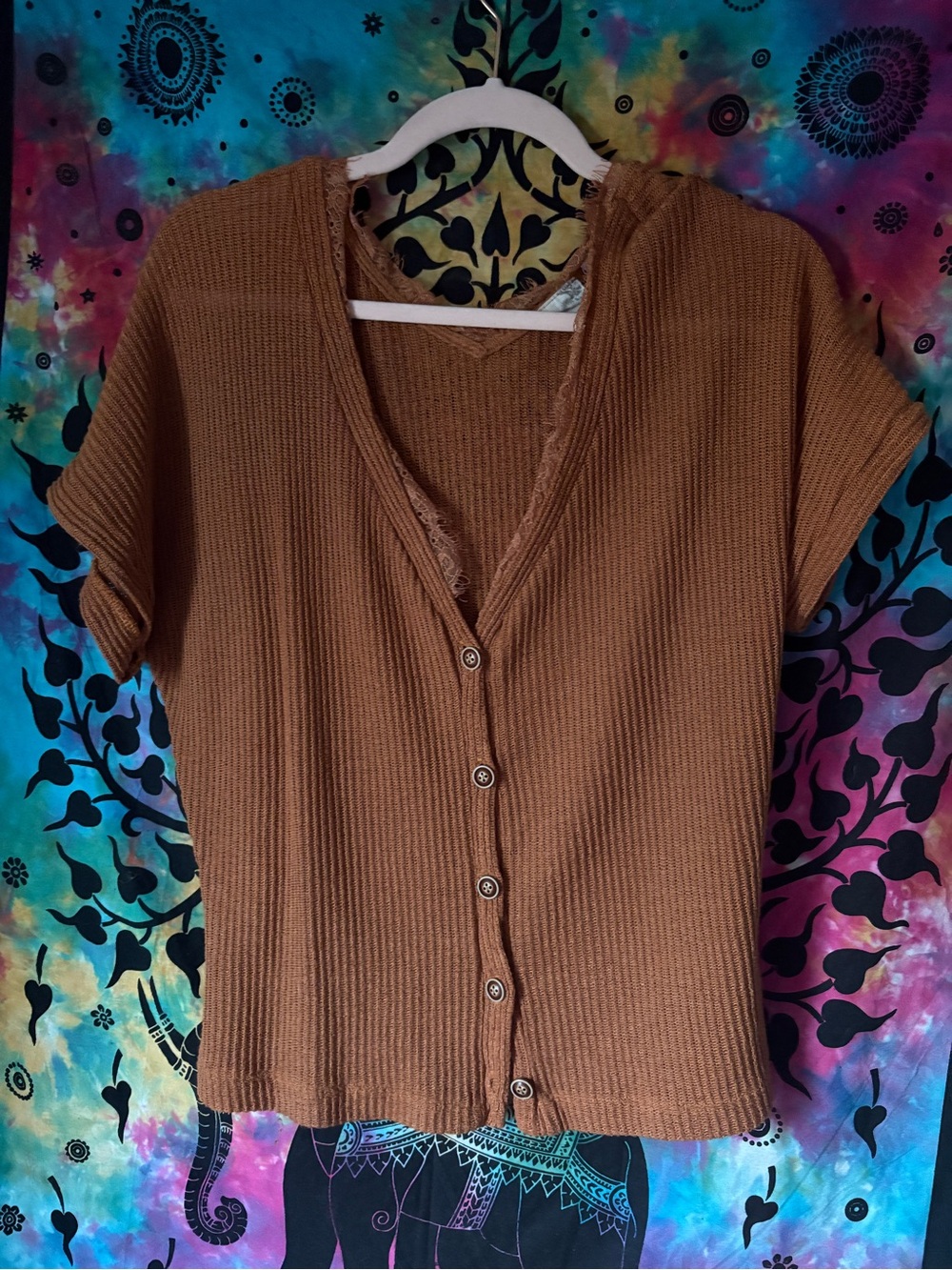 Ribbed Button-Up Short Sleeve Top - Brown